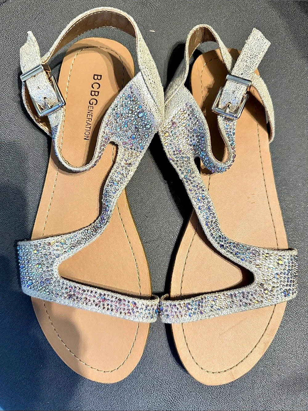 BCBGeneration Rhinestone Flat Sandals in Silver Like New